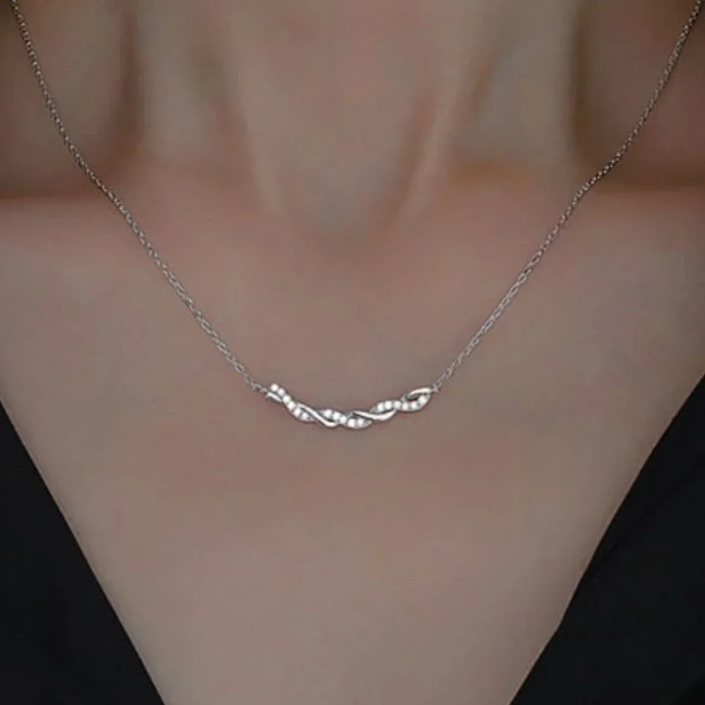 #NEW 925 Sterling Silver Diamond Braided Wave Necklace